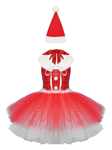 CHICTRY Weihnachtskostüm Baby Mädchen Ärmellos Partykleid Pailletten Ballkleid Tutu Mit Federbesatz Glitzer Tüllrock Fellkragen Nikolaushut Outfits Rot 110-116 von CHICTRY