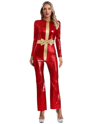 CHICTRY Weihnachtskostüm Elfe Damen Metallic Glitzer Overall Langarm Jumpsuit Ganzkörper Body Mit Schleife Weihnachtsgeschenke Kostüm Rot L von CHICTRY