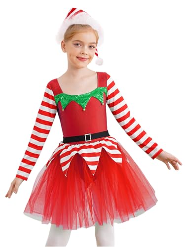 CHICTRY Weihnachtskostüm Kinder Mädchen Elfenkleid Langarm Streifen Tanzkleid Gezackt Saum Partykleid Mit Federbesatz Mütze Zuckerstangen Kostüm Rot 134-140 von CHICTRY