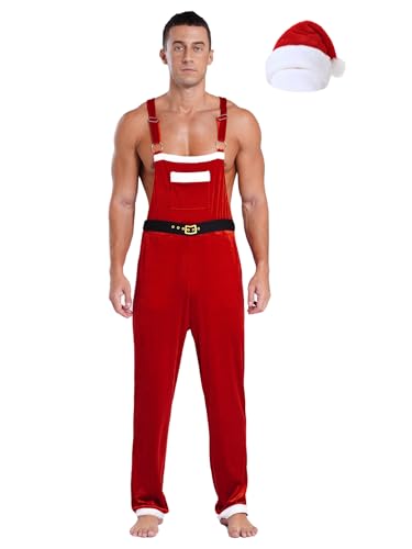 CHICTRY Weihnachtsoverall Herren Samt Jumpsuit Plüsch Hosenträger Hose Mit Fellbesatz Nikolausmütze Weihnachtsoutfit Rot A XXL von CHICTRY