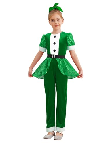 CHICTRY Weihnachtsoverall Kinder Mädchen Pailletten Glitzer Jumpsuit Kurzarm Ganzanzug Fellbesatz Body Rüschen Volants Tanzanzug Weihnachtsoutfit Grün 122-128 von CHICTRY