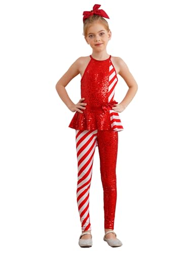 CHICTRY Weihnachtsoverall Mädchen Zuckerstange Kostüm Kinder Pailletten Glitzer Jumpsuit Rüschen Streifen Patchwork Body Weihnachtsoutfit Rot 170 von CHICTRY