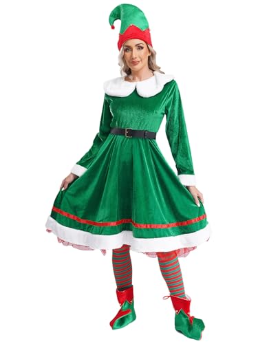 CHICTRY Weihnachtswichtel Kostüm Damen Langarm Samtkleid Puppenkragen Partykleid Federbesatz Ballkleid Mit Gürtel Elfenmütze Strümpfe Schuhe Outfit Grün S von CHICTRY