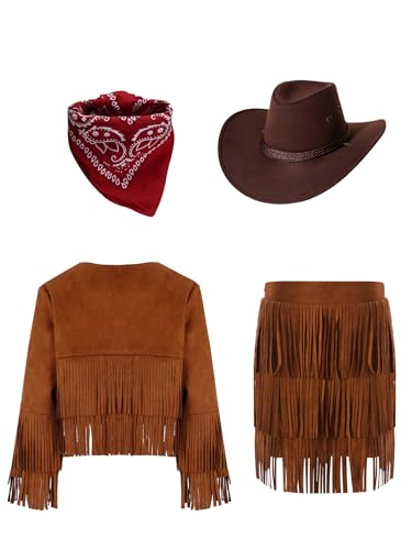 CHICTRY Western Kostüm Kinder Mädchen Langarm Fransenjacke + Quasten Wildleder Rock + Bandana Kopftuch + Cowboyhut Hippie Outfit Für Fasching Karneval Braun 110-116 von CHICTRY