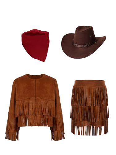 CHICTRY Western Kostüm Kinder Mädchen Langarm Fransenjacke + Quasten Wildleder Rock + Bandana Kopftuch + Cowboyhut Hippie Outfit Für Fasching Karneval Braun 158-164 von CHICTRY