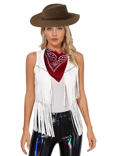 CHICTRY Wildleder Weste Mit Fransen Damen Cowgirl Ärmellos Ethnischen Stil Cardigan Bandana Halstuch Cowboyhut Hippie Indianerin 60er Jahre Kostüm Weiß XXL von CHICTRY