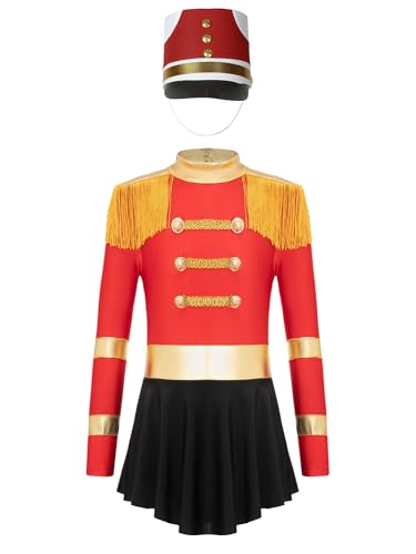 CHICTRY Zirkus Akrobatik Kostüm Kinder Mädchen Langarm Kleid Metallic Patchwork Tanzkleid Fransen Quasten Body Mit Hut Marching Band Drummer Uniform Rot B 170 von CHICTRY