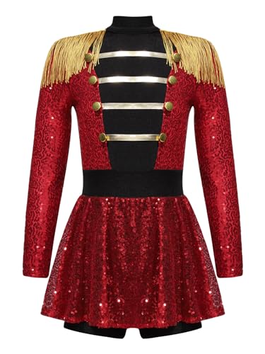 CHICTRY Zirkus Akrobatik Kostüm Kinder Mädchen Pailletten Tanzkleid Langarm Glitzer Turnanzug Fransen Quasten Tanztrikot Für Fasching Karneval Rot 170-176 von CHICTRY