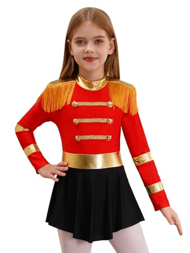 CHICTRY Zirkus Artisten Kostüm Kinder Akrobatik Anzug Langarm Tanzkleid Metallic Patchwork Overall Cut Out Jumpsuit Fransen Marching Band Drummer Uniform Rot 122-128 von CHICTRY