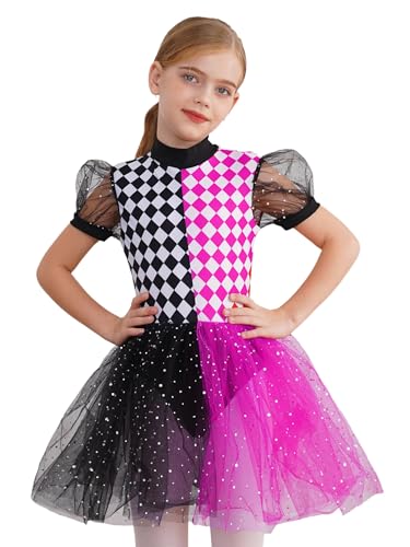 CHICTRY Zirkus Kleid Mädchen Puffärmel Partykleid Festlich Stehkragen Body Kariert Patchwork Trikot Mit Glitzer Sterne Tüllrock Tanzrock Kinderkostüm Hot Pink 134-140 von CHICTRY