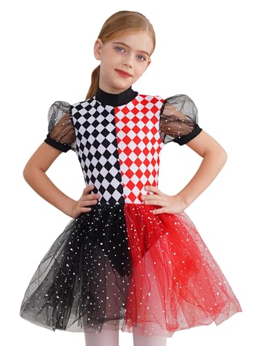 CHICTRY Zirkus Kleid Mädchen Puffärmel Partykleid Festlich Stehkragen Body Kariert Patchwork Trikot Mit Glitzer Sterne Tüllrock Tanzrock Kinderkostüm Rot 170 von CHICTRY