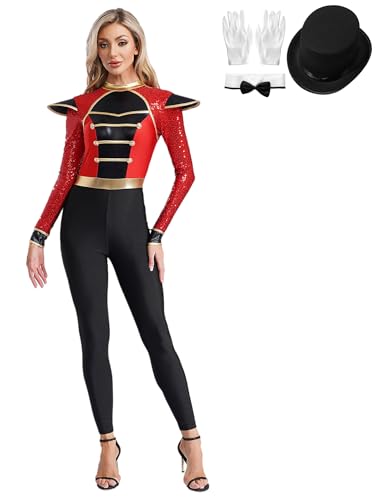 CHICTRY Zirkus Kostüm Damen Body Pailletten Glitzer Ganzkörper Overall Dompteur Uniform Mit Mütze Handschuhe Und Schleife Für Fasching Karneval Rot 3XL von CHICTRY