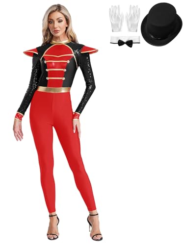 CHICTRY Zirkus Kostüm Damen Body Pailletten Glitzer Ganzkörper Overall Dompteur Uniform Mit Mütze Handschuhe Und Schleife Für Fasching Karneval Schwarz 3XL von CHICTRY