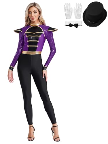 CHICTRY Zirkus Kostüm Damen Body Pailletten Glitzer Ganzkörper Overall Dompteur Uniform Mit Mütze Handschuhe Und Schleife Für Fasching Karneval Violett 3XL von CHICTRY