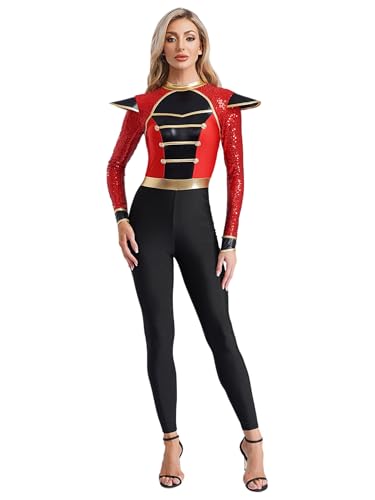 CHICTRY Zirkus Kostüm Damen Glitzer Langarm Dompteur Uniform Mit Pailletten Stehkragen Marching Band Jacke Ganzkörper Trikotanzug Für Fasching Karneval Rot 4XL von CHICTRY