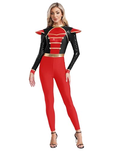 CHICTRY Zirkus Kostüm Damen Glitzer Langarm Dompteur Uniform Mit Pailletten Stehkragen Marching Band Jacke Ganzkörper Trikotanzug Für Fasching Karneval Schwarz 4XL von CHICTRY