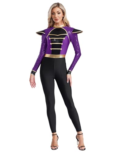 CHICTRY Zirkus Kostüm Damen Glitzer Langarm Dompteur Uniform Mit Pailletten Stehkragen Marching Band Jacke Ganzkörper Trikotanzug Für Fasching Karneval Violett 4XL von CHICTRY