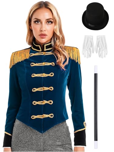 CHICTRY Zirkus Kostüm Damen Jacke Langarm Blazer Fransen Quasten Military Drummer Jacket Mit Hut Handschuhe Zauberstab Cosplay Verkleidung Dunkelblau 3XL von CHICTRY