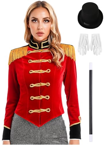 CHICTRY Zirkus Kostüm Damen Jacke Langarm Blazer Fransen Quasten Military Drummer Jacket Mit Hut Handschuhe Zauberstab Cosplay Verkleidung Rot 3XL von CHICTRY