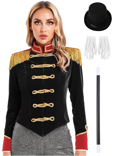 CHICTRY Zirkus Kostüm Damen Jacke Langarm Blazer Fransen Quasten Military Drummer Jacket Mit Hut Handschuhe Zauberstab Cosplay Verkleidung Schwarz XXL von CHICTRY