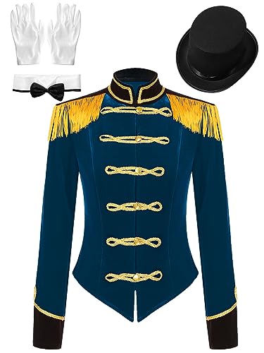 CHICTRY Zirkus Kostüm Damen Jacke Langarm Samt Blazer Fransen Quasten Frack Mantel Mit Schleife Handschuhe Hut Marching Band Uniform Dunkelblau 3XL von CHICTRY