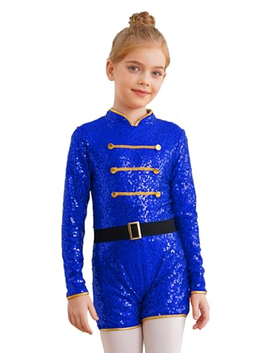 CHICTRY Zirkus Kostüm Kinder Akrobatik Anzug Langarm Pailletten Overall Rollkragen Jumpsuit Gloden Besatz Tanztrikot Mit Gürtel Wettbewerb Tanzkostüm Königsblau 146-152 von CHICTRY