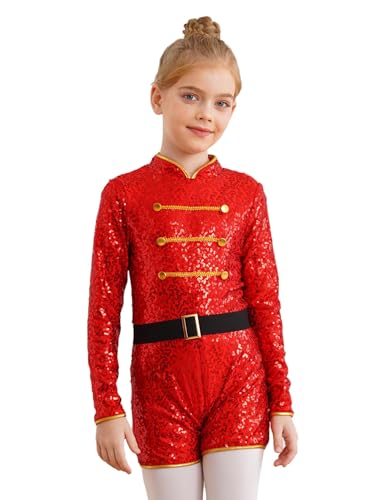 CHICTRY Zirkus Kostüm Kinder Akrobatik Anzug Langarm Pailletten Overall Rollkragen Jumpsuit Gloden Besatz Tanztrikot Mit Gürtel Wettbewerb Tanzkostüm Rot 110-116 von CHICTRY