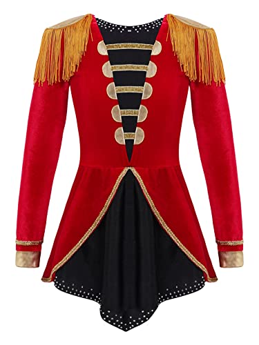 CHICTRY Zirkus Kostüm Kinder Akrobatik Body Mädchen Marching Band Drummer Uniform Langarm Fransen Quasten Trikotanzug Strass Leotard Tanzkostüm Rot 122-128 von CHICTRY