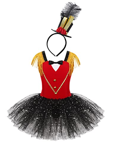 CHICTRY Zirkus Kostüm Kinder Akrobatik Kleid Pailletten Glitzer Ballettkleid Ärmellos Fransen Tanzkleid Tutu Mit Zylinder Haarreifen Tanzkostüm Rot 170 von CHICTRY