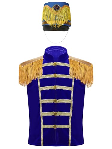 CHICTRY Zirkus Kostüm Kinder Mädchen Junge Fransen Weste Ärmellos Stehkragen Jacke Mit Marching Band Hut Drummer Uniform Blau B 158-164 von CHICTRY