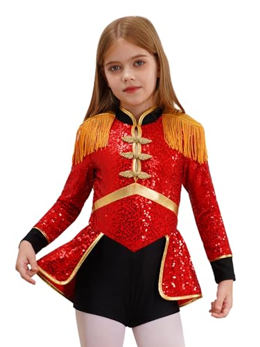 CHICTRY Zirkus Kostüm Kinder Mädchen Langarm Turnanzug Pailletten Glitzer Ballettanzug Fransen Quasten Tanz Leotard Wettbewerb Tanzkleidung Rot 146-152 von CHICTRY