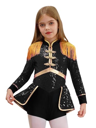 CHICTRY Zirkus Kostüm Kinder Mädchen Langarm Turnanzug Pailletten Glitzer Ballettanzug Fransen Quasten Tanz Leotard Wettbewerb Tanzkleidung Schwarz 122-128 von CHICTRY