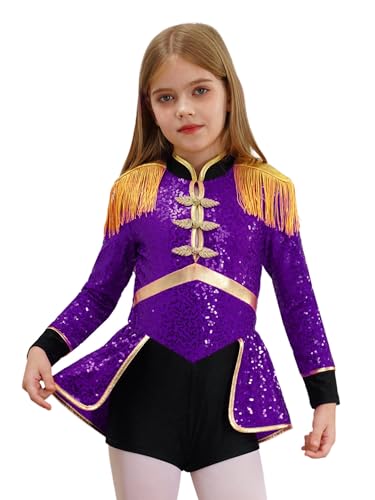 CHICTRY Zirkus Kostüm Kinder Mädchen Langarm Turnanzug Pailletten Glitzer Ballettanzug Fransen Quasten Tanz Leotard Wettbewerb Tanzkleidung Violett 122-128 von CHICTRY