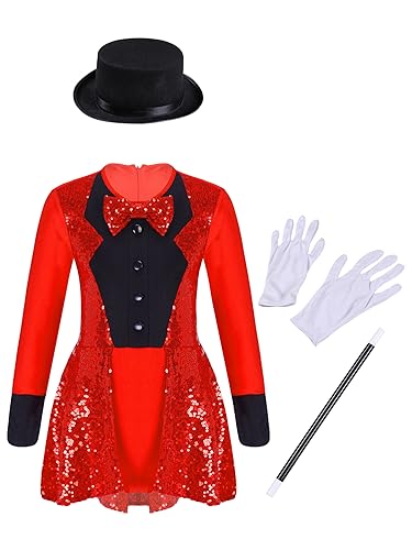 CHICTRY Zirkus Kostüm Kinder Mädchen Zauberer Kleid Langarm Pailletten Glitzer Tanzkleid Patchwork Trikotanzug Mit Hut Handschuhe Zauberstab Kinderkostüm B_Rot 146-152 von CHICTRY