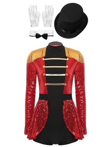 CHICTRY Zirkusdirektor Kostüm Damen Ringmaster Uniform Pailletten Overall Langarm Jumpsuit Fransen Quaste Frack Jacke Mit Hut Handschuhe Schleife Outfit Rot M von CHICTRY