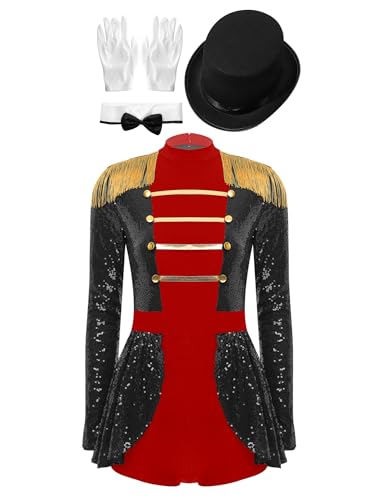 CHICTRY Zirkusdirektor Kostüm Damen Ringmaster Uniform Pailletten Overall Langarm Jumpsuit Fransen Quaste Frack Jacke Mit Hut Handschuhe Schleife Outfit Schwarz XL von CHICTRY