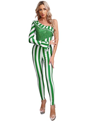 CHICTRY Zuckerstangen Kostüm Damen Overall Ein Schulter Jumpsuit Pailletten Glitzer Weihnachts Body Streifen Patchwork Ganzanzug Weihnachtsoutfit Grün S von CHICTRY