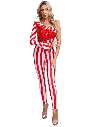 CHICTRY Zuckerstangen Kostüm Damen Overall Ein Schulter Jumpsuit Pailletten Glitzer Weihnachts Body Streifen Patchwork Ganzanzug Weihnachtsoutfit Rot 4XL von CHICTRY