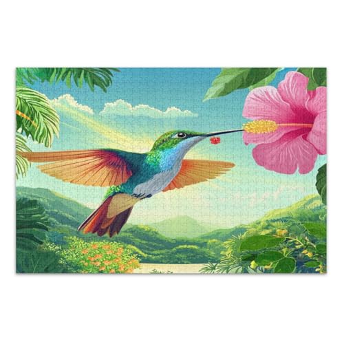 1000 Teile Puzzle, schöne Kolibri, tropische Blumen, Familienpuzzle, lustiges Spiel für Männer und Frauen, fertige Größe 29,5 x 19,7 Zoll von CHIFIGNO