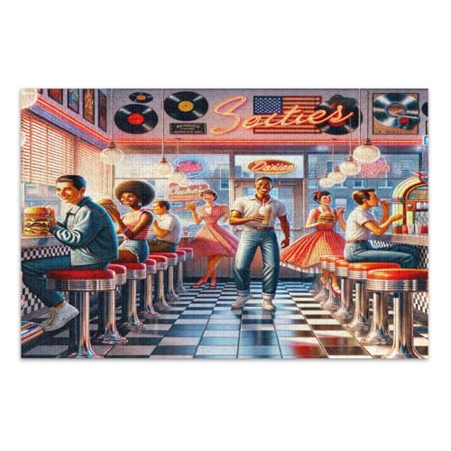 1000 Teile Puzzle für Erwachsene, Retro American Burger Shop Coole Puzzles Weißer Elefant Geschenkideen, Fertige Größe 29,5 x 19,7 Zoll von CHIFIGNO