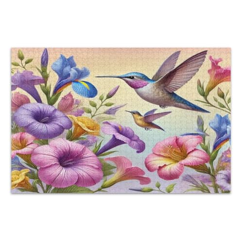 1000 Teile Puzzle für Erwachsene, bunte Kolibri-Blumen, Familienpuzzle, weißer Elefant, Geschenkideen, fertige Größe 75 x 50 cm von CHIFIGNO