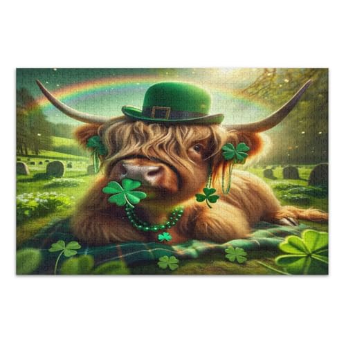 1000 Teile Puzzles, niedliches St. Patrick's Day Highland Cow Green schwierige Puzzles lustiges Spiel für Männer Frauen, fertige Größe 29,5 x 19,7 Zoll von CHIFIGNO