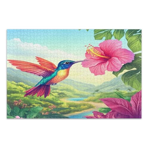 1000 Teile Puzzles, schöne Kolibri, tropische Blumen, Familienpuzzle, weißer Elefant, Geschenkideen, fertige Größe 75 x 50 cm von CHIFIGNO