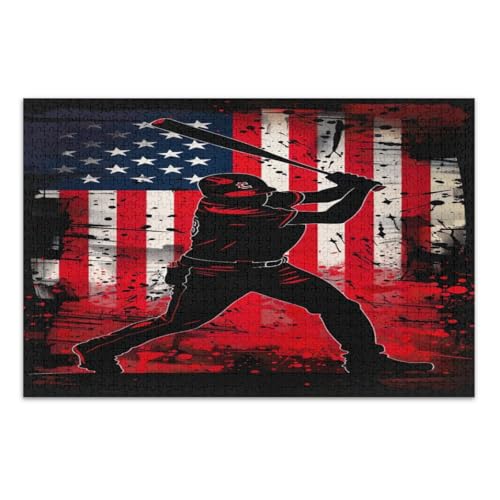 1000-teiliges Puzzle, amerikanische Flagge, Baseballspieler, coole Puzzles, lustige und farbenfrohe Kunstwerke, Heimdekoration, fertige Größe 75 x 50 cm von CHIFIGNO