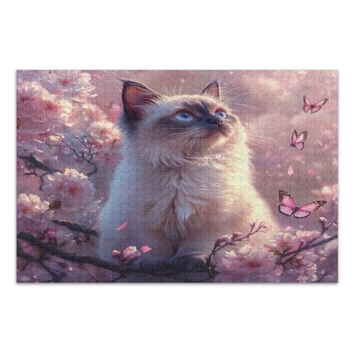 1000-teiliges Puzzle, niedliche Katze, Kirschblüten-Schmetterlinge, lustiges Puzzle, lustige und farbenfrohe Wandkunst, fertige Größe 75 x 50 cm von CHIFIGNO