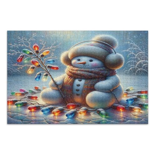 1000-teiliges Puzzle, niedlicher Schneemann, bunte Lichter, lustiges Puzzle, wunderbares Puzzle, Geschenke für Frauen und Männer, fertige Größe 75 x 50 cm von CHIFIGNO