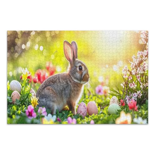 1000-teiliges Puzzle für Erwachsene, Osterhase mit Eiern und Blumen, coole Puzzles, lustige und farbenfrohe Kunstwerke, fertige Größe 75 x 50 cm von CHIFIGNO