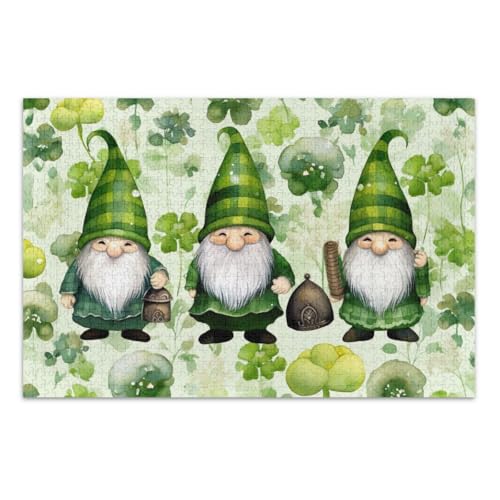 1000-teiliges Puzzle für Erwachsene, St. Patrick's Day Kleeblätter und Zwerge, Familienpuzzle, lustige und farbenfrohe Kunstwerke, Heimdekoration, fertige Größe 75 x 50 cm von CHIFIGNO