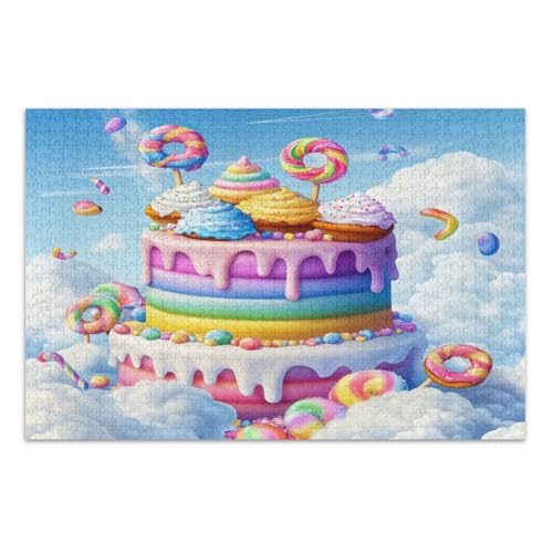 1000-teiliges Puzzle für Erwachsene, buntes Cartoon-Regenbogen-Süßigkeiten-Kuchen-Familienpuzzle, herausfordernde Familienaktivitäten, fertige Größe 75 x 50 cm von CHIFIGNO