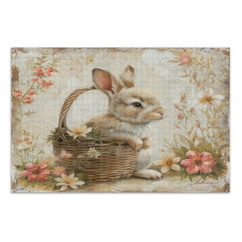 500 Teile Puzzle, Osterhase mit Korb und Blumen Lustige Puzzles Wunderbare Puzzle Geschenke für Frauen Männer, Fertige Größe 20,5 x 14,9 Zoll von CHIFIGNO